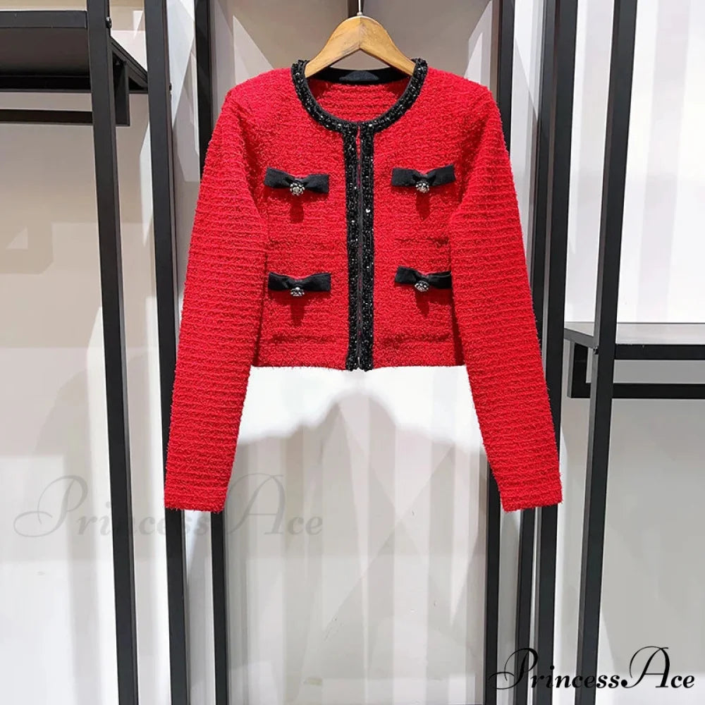 Contrast Bow Sequins Slim Knit Set Cardigan