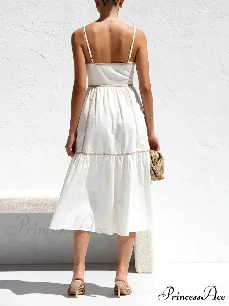 Contrast Color Trim Charming Adjustable Straps Midi Dress