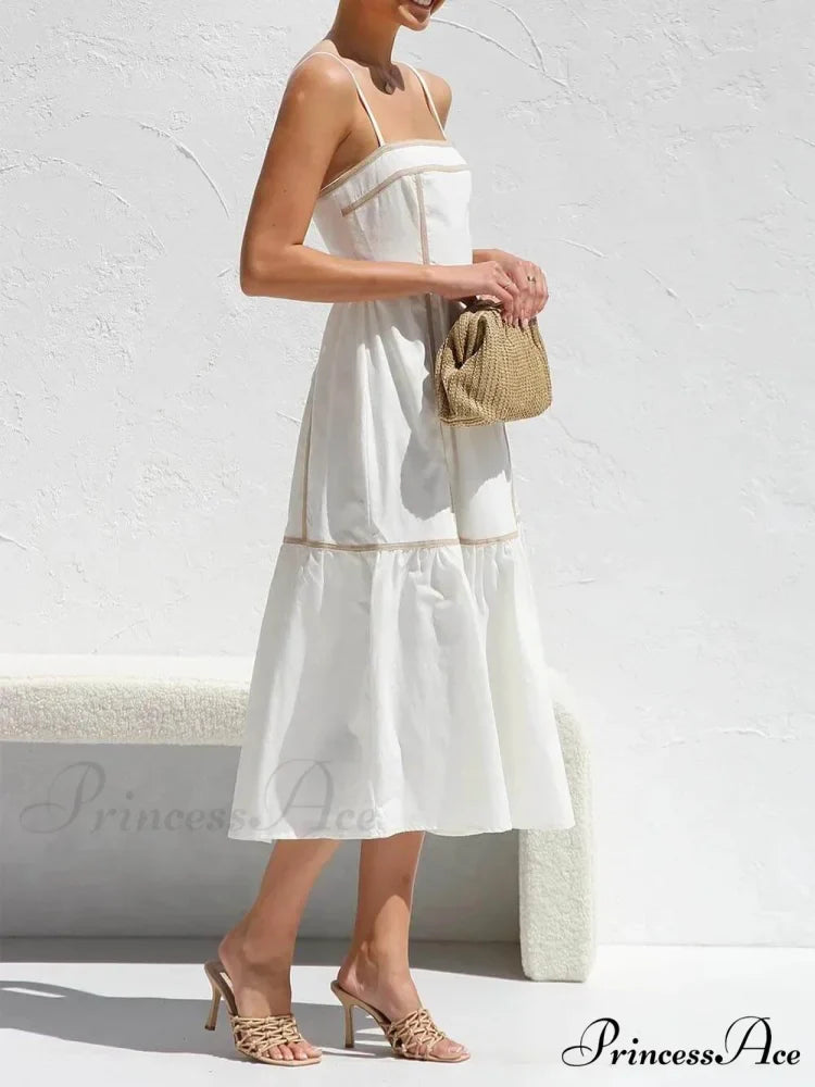 Contrast Color Trim Charming Adjustable Straps Midi Dress