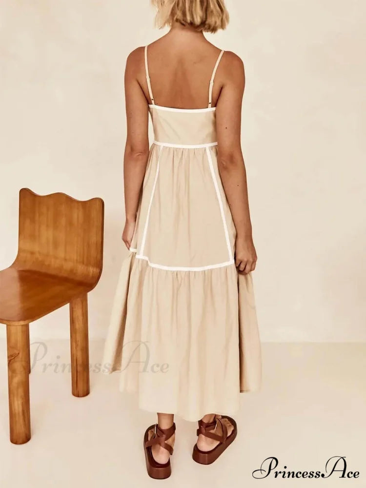 Contrast Color Trim Charming Adjustable Straps Midi Dress