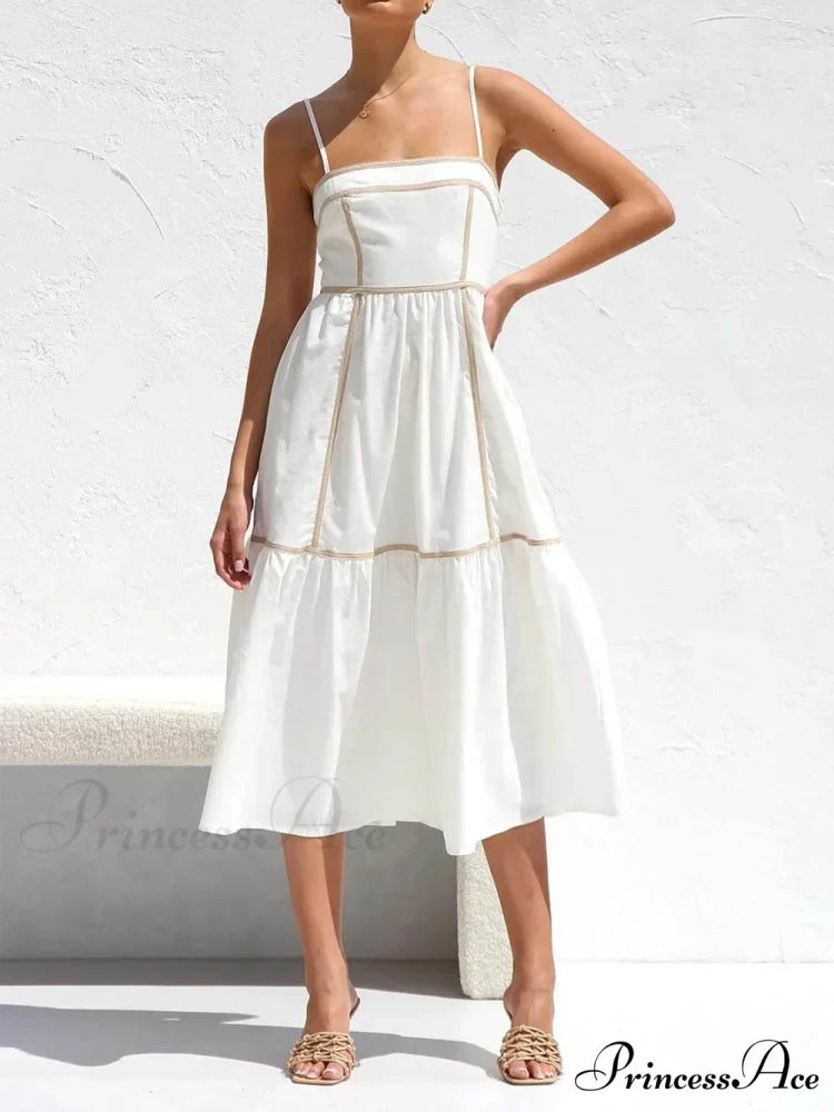 Contrast Color Trim Charming Adjustable Straps Midi Dress
