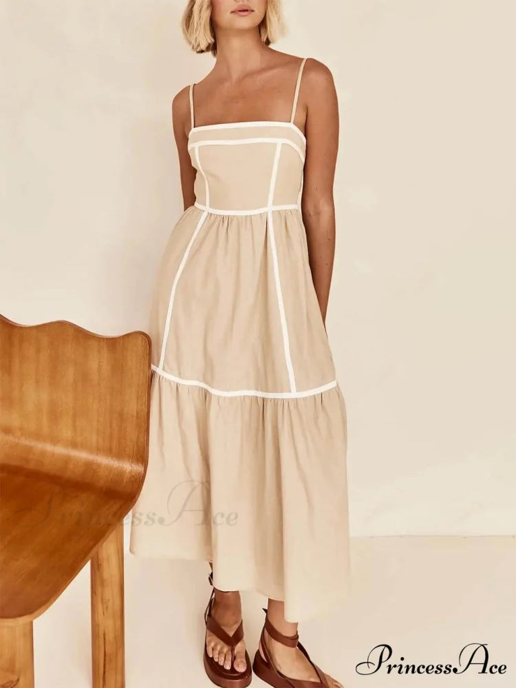 Contrast Color Trim Charming Adjustable Straps Midi Dress