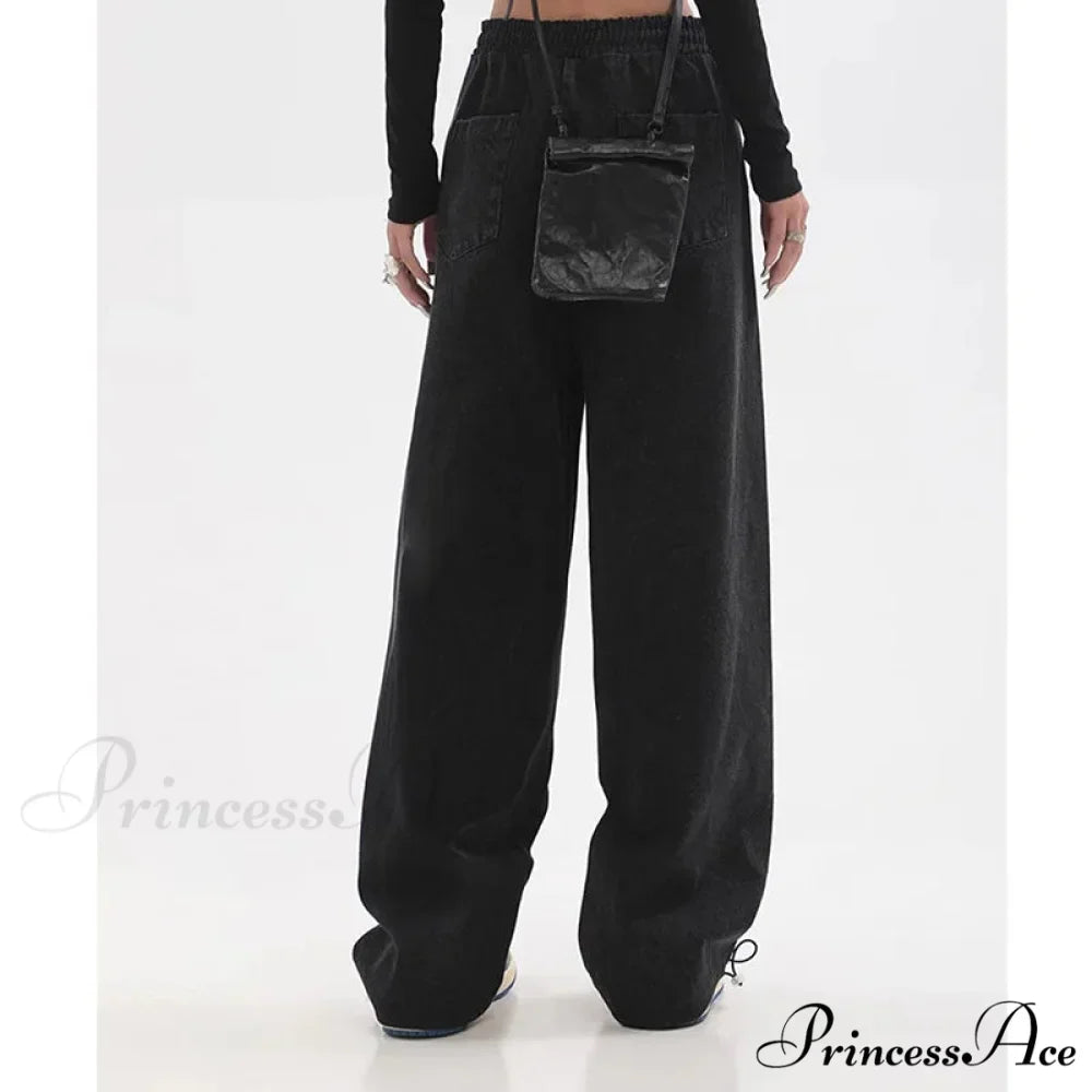 Contrast Color Women High Waist Straight Cropped High Street Drawstring Tie Up Sweatpants Cylinder Lady Wide Leg Jean