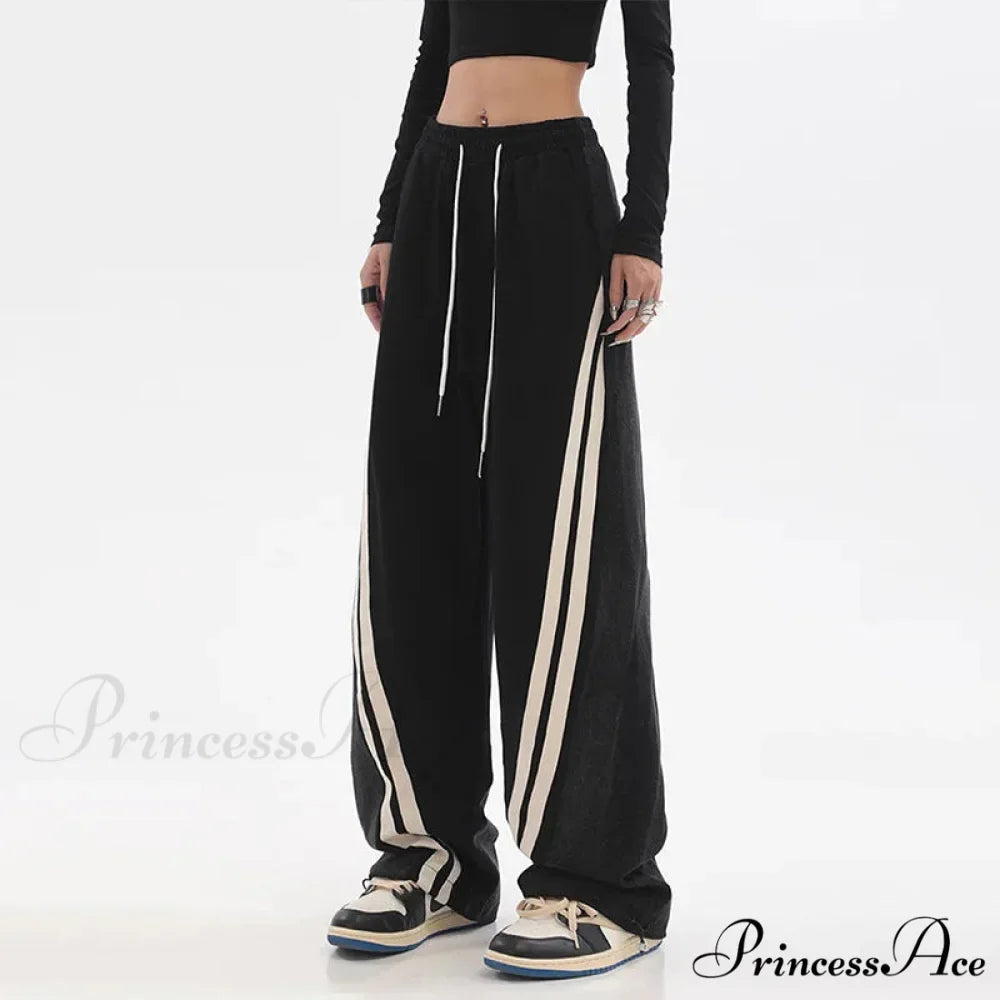 Contrast Color Women High Waist Straight Cropped High Street Drawstring Tie Up Sweatpants Cylinder Lady Wide Leg Jean