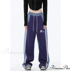Contrast Color Women High Waist Straight Cropped High Street Drawstring Tie Up Sweatpants Cylinder Lady Wide Leg Jean