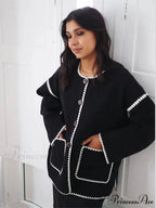 Contrast O Neck Loose Elegant Long Sleeves Winter New Stylish Fashionable Coat