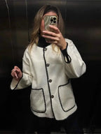 Contrast O Neck Loose Elegant Long Sleeves Winter New Stylish Fashionable Coat