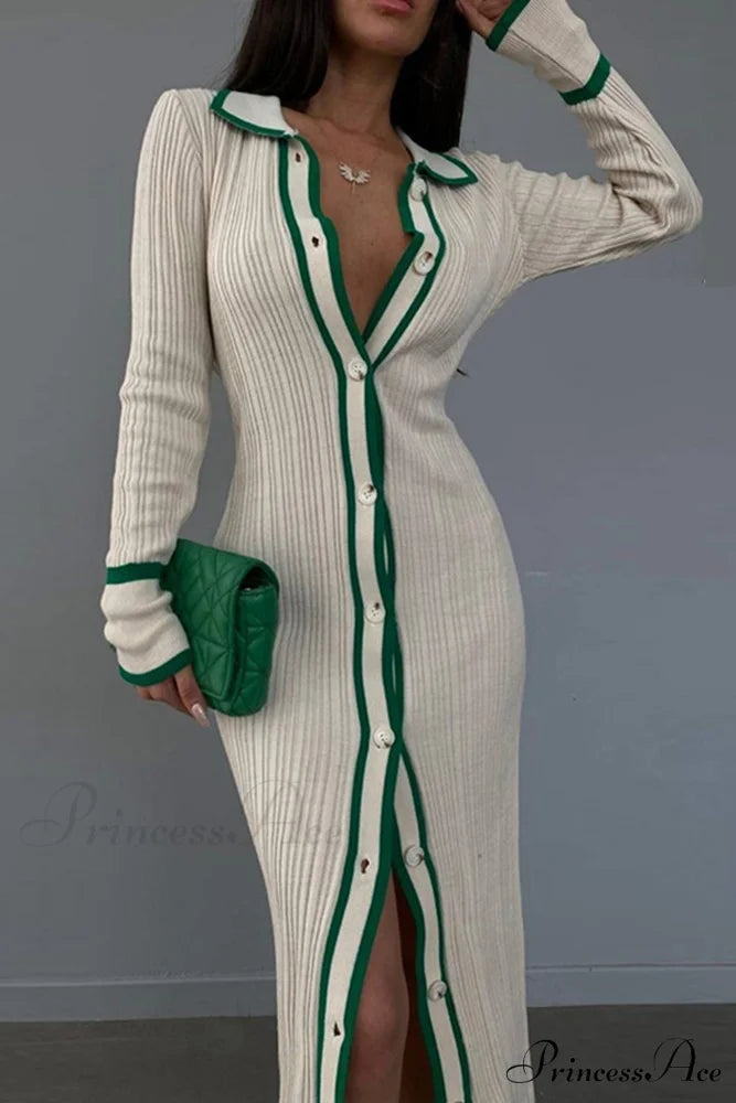 Contrast Ribbed Dress with Lapel