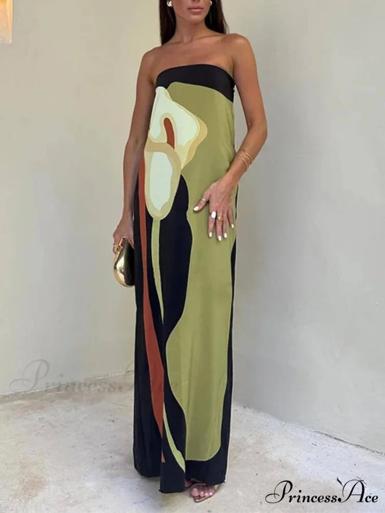 Contrast Sleeveless Off Charming Shoulder Printed Maxi Dress