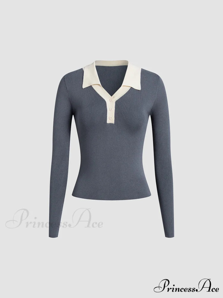 Contrast Trim Button Trendy Up Ribbed Shirt