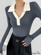 Contrast Trim Button Trendy Up Ribbed Shirt