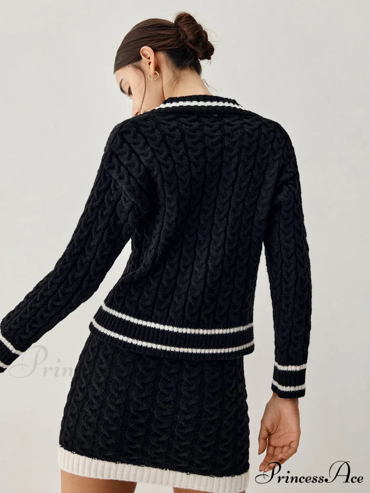 Contrast Trim Cable Knit Modern Sweater With Matching Skirt
