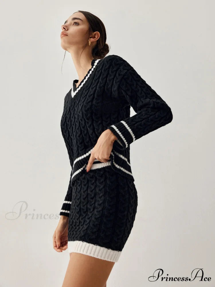 Contrast Trim Cable Knit Modern Sweater With Matching Skirt