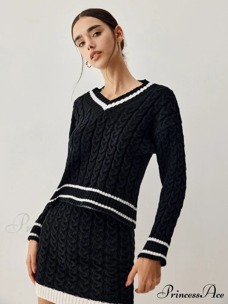 Contrast Trim Cable Knit Modern Sweater With Matching Skirt