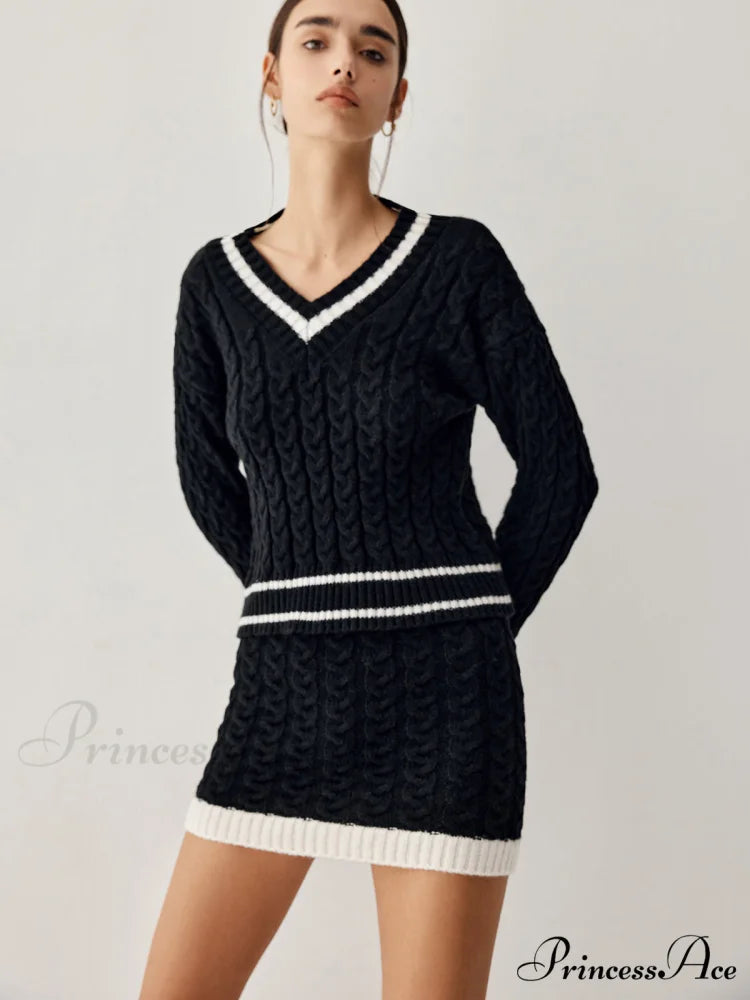 Contrast Trim Cable Knit Modern Sweater With Matching Skirt