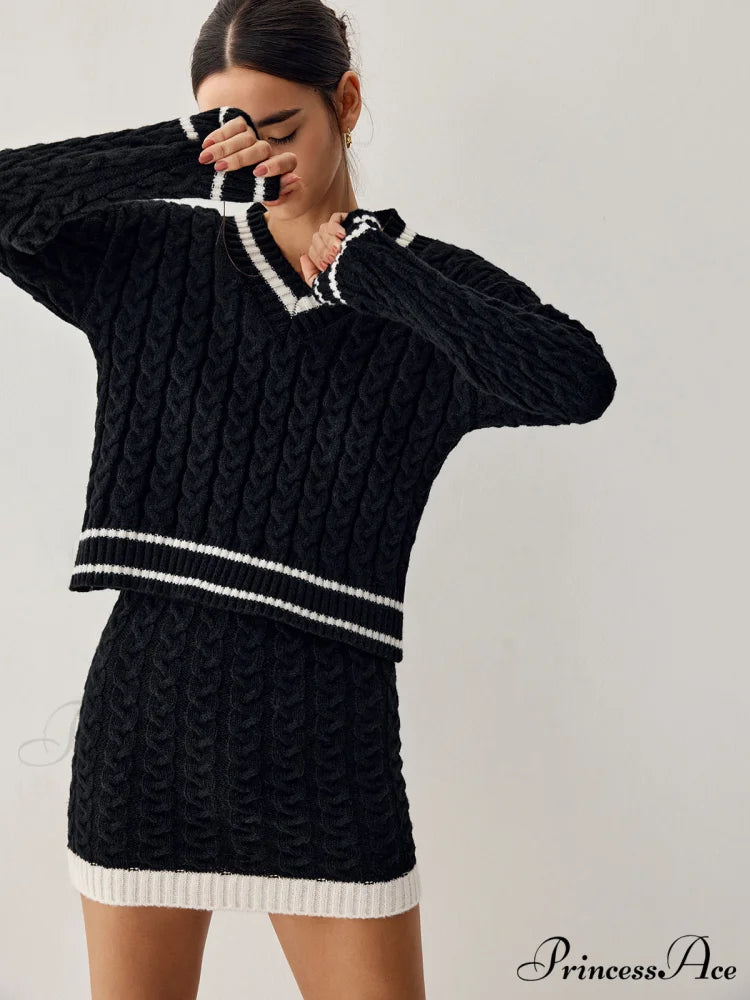 Contrast Trim Cable Knit Modern Sweater With Matching Skirt