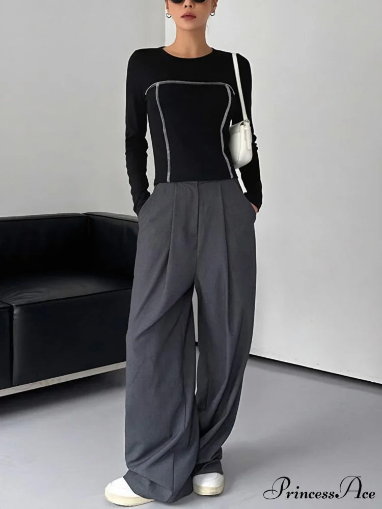 Contrast Trim Crew Trendy Neck Long Sleeve Shirt