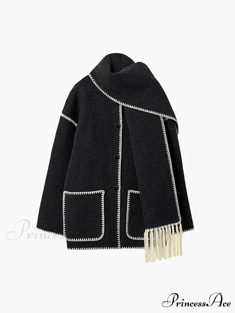 Contrast Trim Jacket Trendy With Matching Scarf