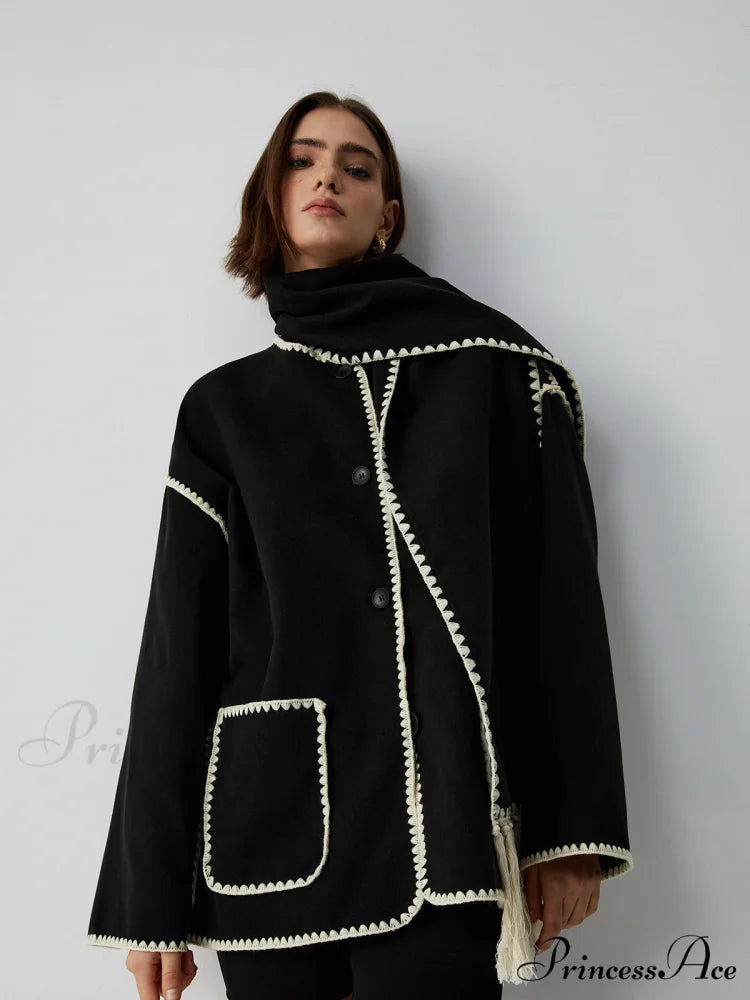 Contrast Trim Jacket Trendy With Matching Scarf