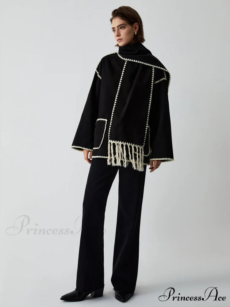 Contrast Trim Jacket Trendy With Matching Scarf