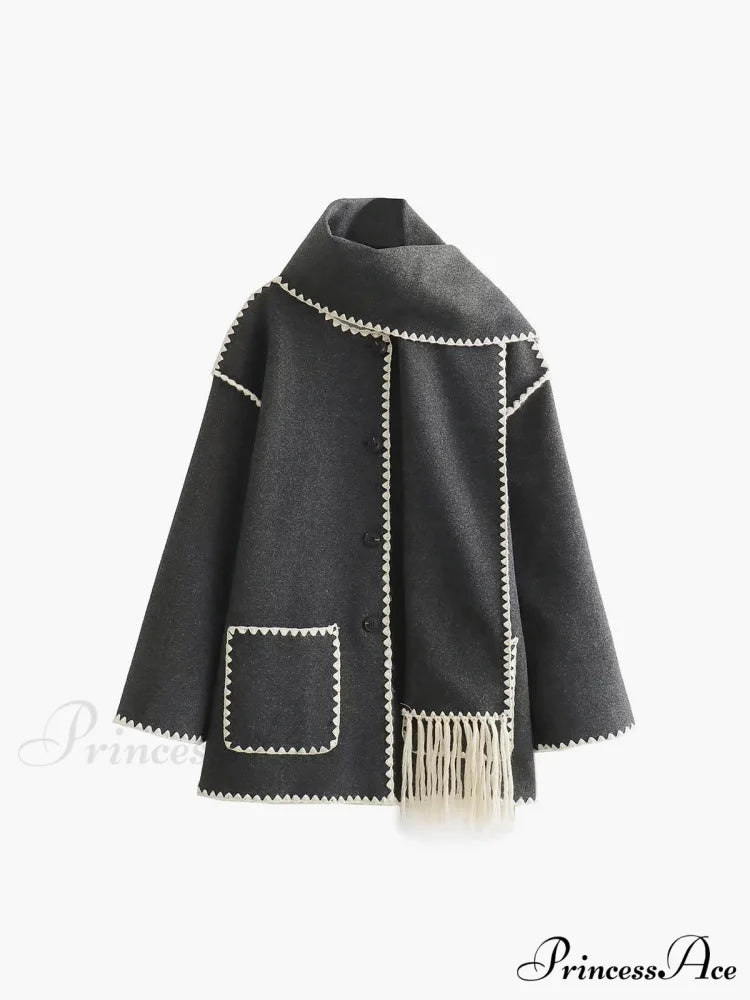 Contrast Trim Jacket Trendy With Matching Scarf