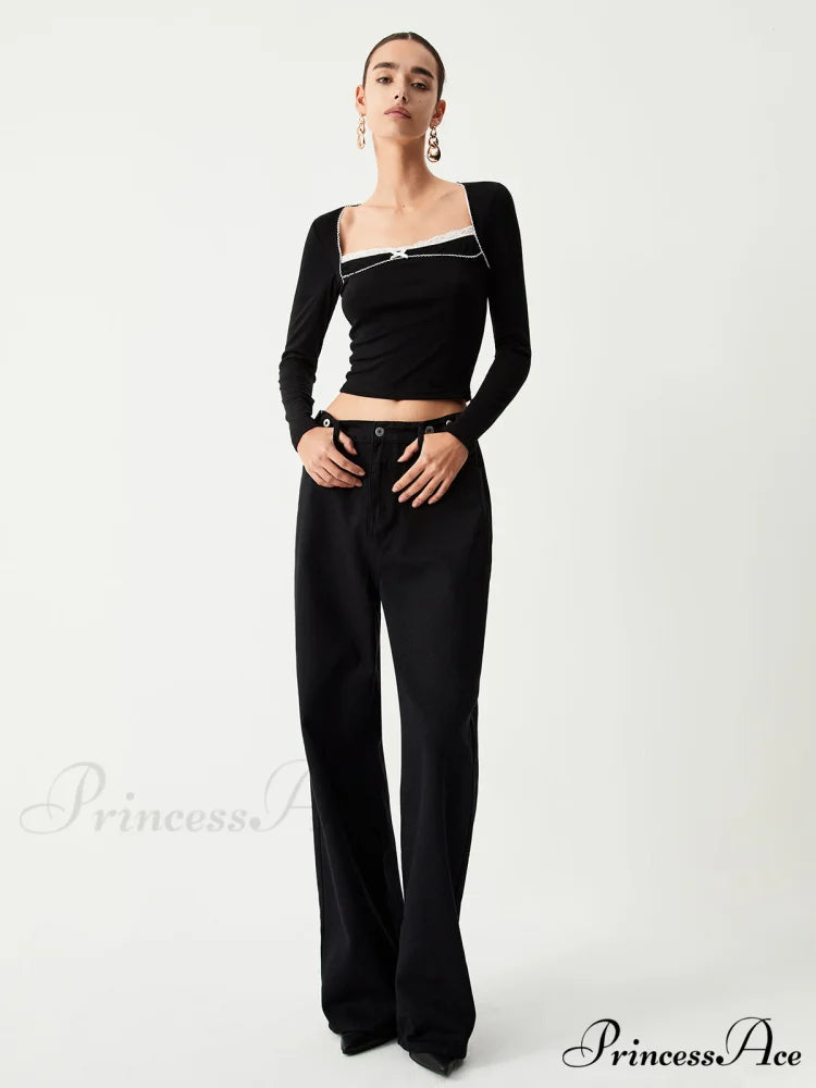 Contrast Trim Lace Trendy Long Sleeve Crop Top