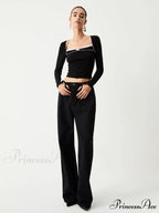 Contrast Trim Lace Trendy Long Sleeve Crop Top