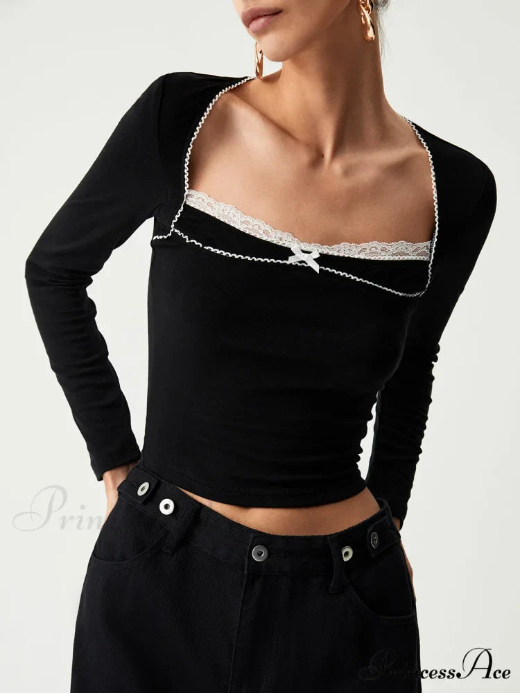 Contrast Trim Lace Trendy Long Sleeve Crop Top