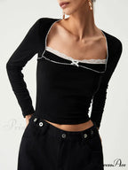 Contrast Trim Lace Trendy Long Sleeve Crop Top