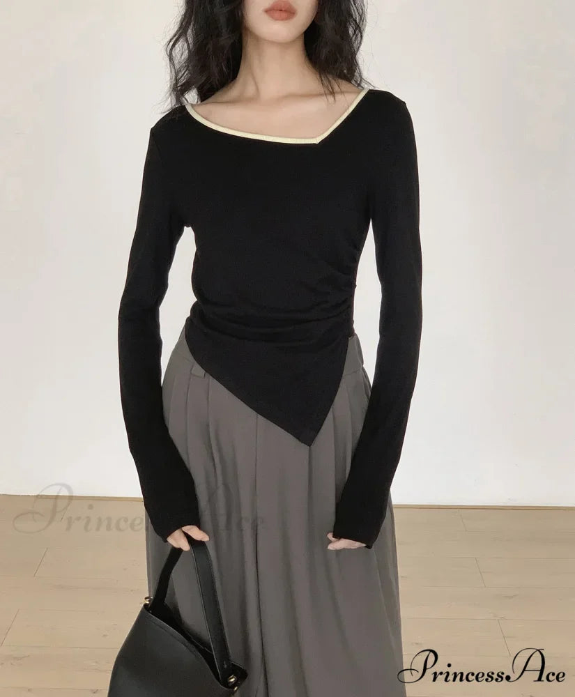 Contrast Trim Long Trendy Sleeve Asymmetrical Top