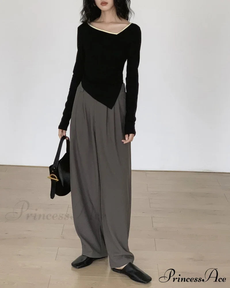 Contrast Trim Long Trendy Sleeve Asymmetrical Top