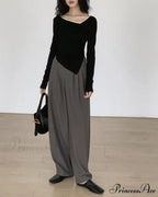 Contrast Trim Long Trendy Sleeve Asymmetrical Top