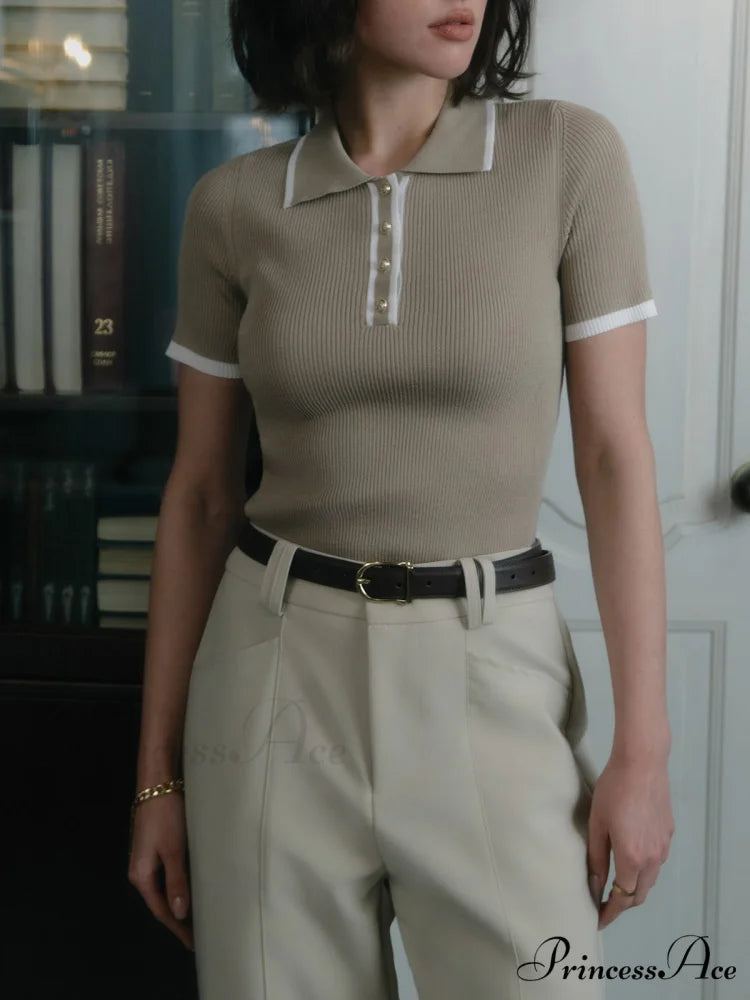 Contrast Trim Metal Trendy Button Knit Top