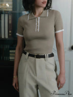 Contrast Trim Metal Trendy Button Knit Top