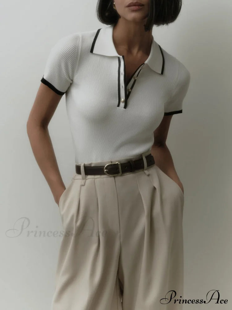 Contrast Trim Metal Trendy Button Knit Top