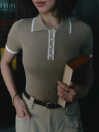 Contrast Trim Metal Trendy Button Knit Top