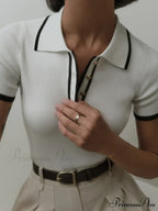 Contrast Trim Metal Trendy Button Knit Top