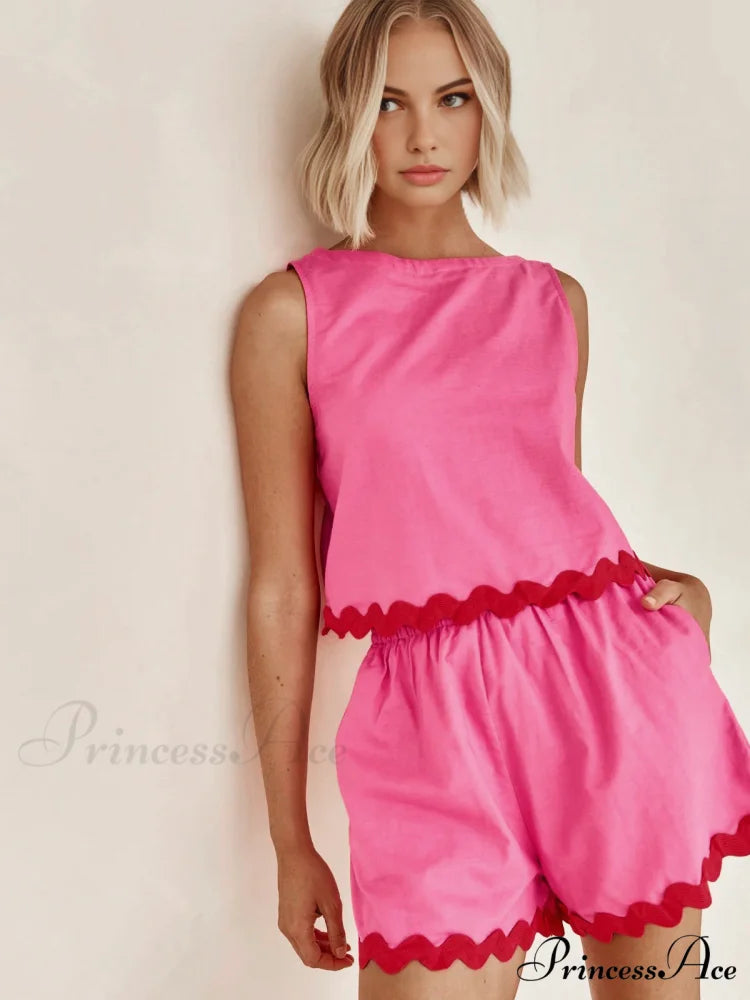 Contrast Trim Mid Trendy Waist Shorts Set