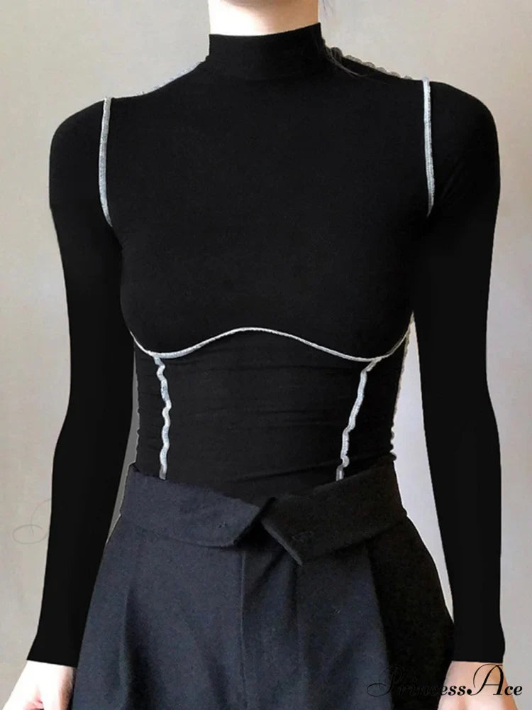 Contrast Trim Mock Trendy Neck Long Sleeve Top