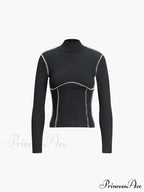 Contrast Trim Mock Trendy Neck Long Sleeve Top