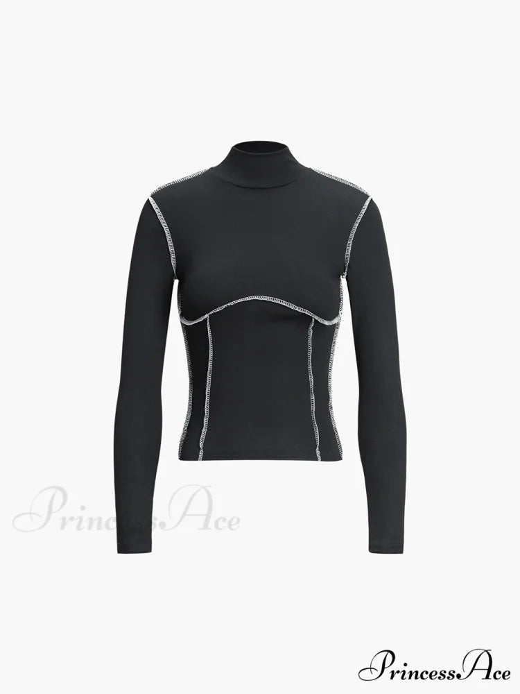 Contrast Trim Mock Trendy Neck Long Sleeve Top