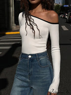 Contrast Trim Off Trendy Shoulder Long Sleeve Shirt