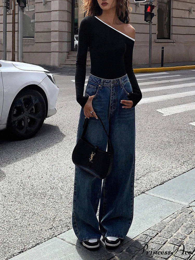 Contrast Trim Off Trendy Shoulder Long Sleeve Shirt