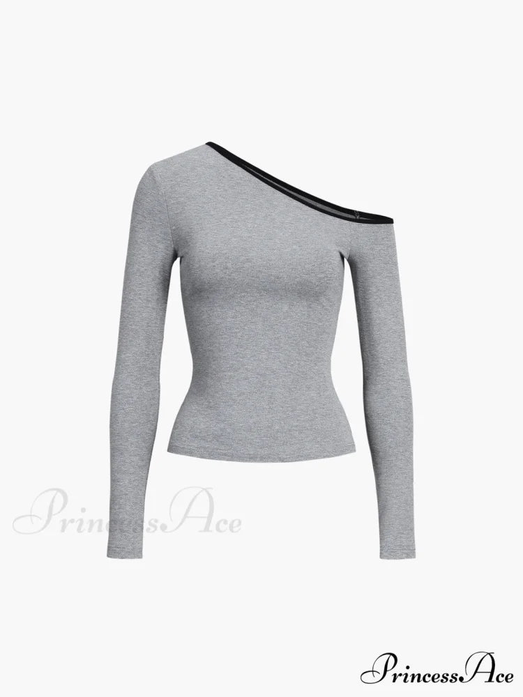 Contrast Trim Off Trendy Shoulder Long Sleeve Shirt