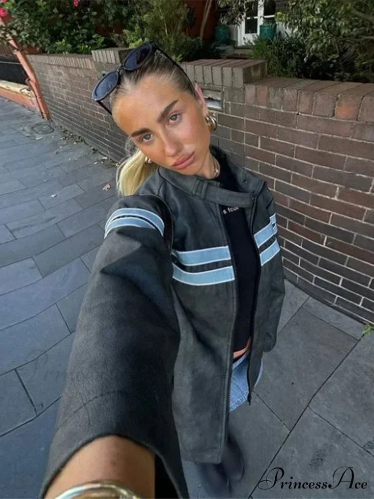 Contrasting Zippered O Neck Long Sleeves Casual Loose Autumn Warm Stylish Coat