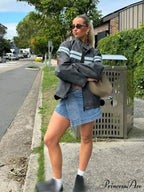 Contrasting Zippered O Neck Long Sleeves Casual Loose Autumn Warm Stylish Coat