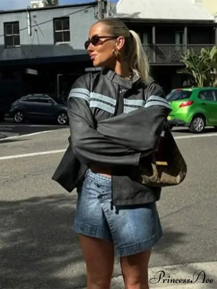 Contrasting Zippered O Neck Long Sleeves Casual Loose Autumn Warm Stylish Coat