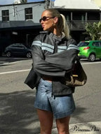 Contrasting Zippered O Neck Long Sleeves Casual Loose Autumn Warm Stylish Coat