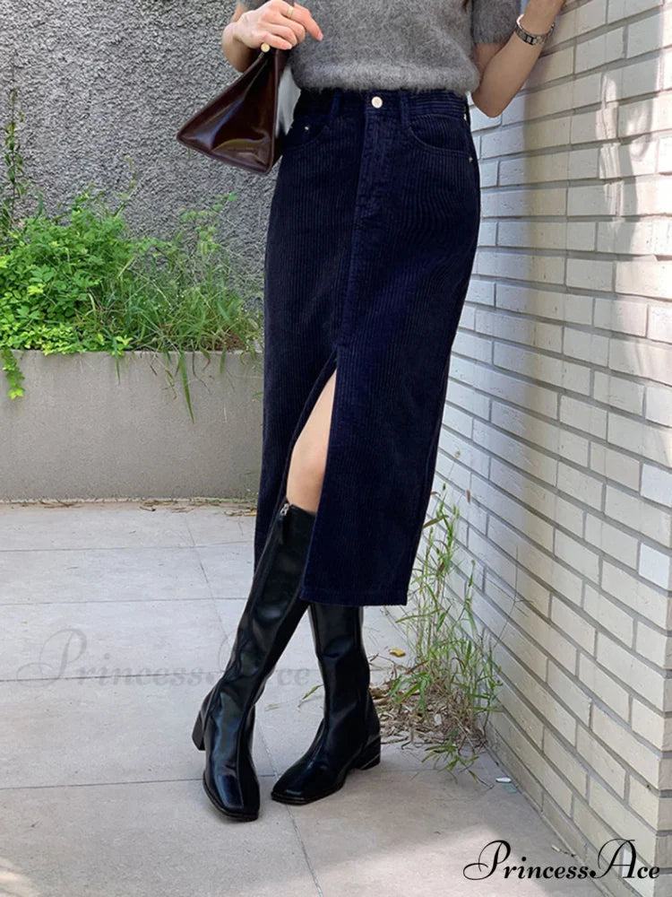 Corduroy Split Graceful Midi Skirt