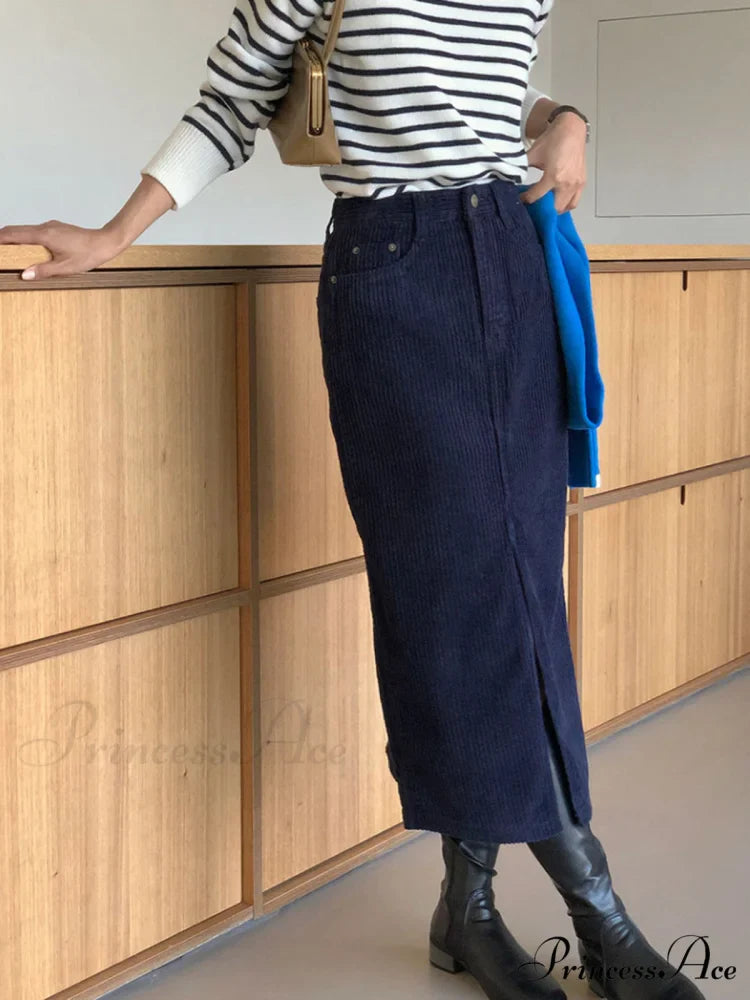 Corduroy Split Graceful Midi Skirt